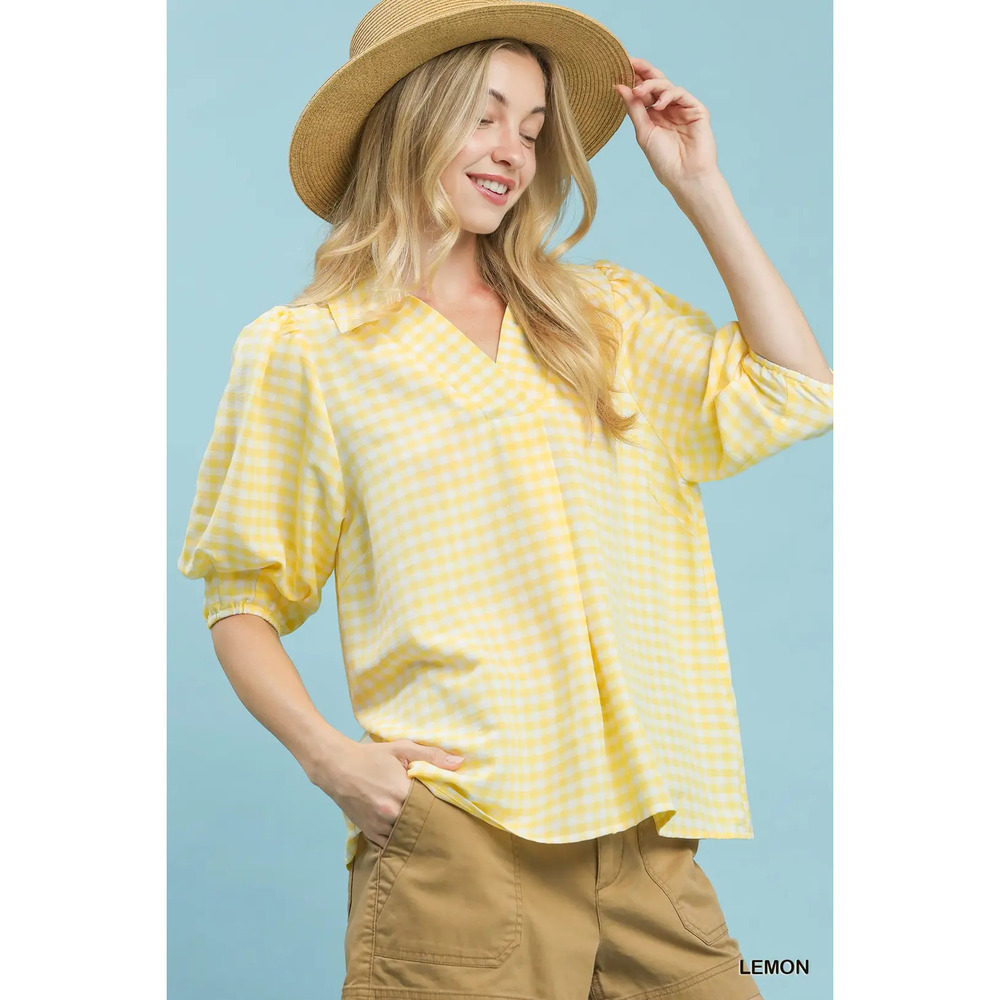 Umgee Gingham Puff Sleeve Collared Blouse